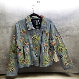 Aratta Blue Jean Jacket with Multicolor Floral Embroidery